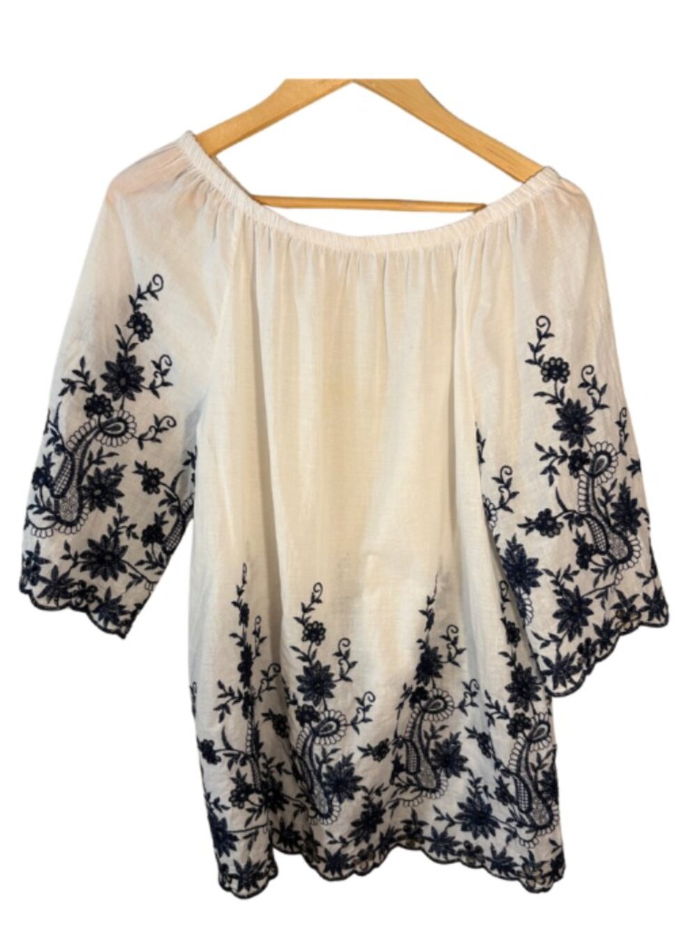 Boho Embroidered Peasant Top Women's XL White Navy Off Shoulder 100 Cotton